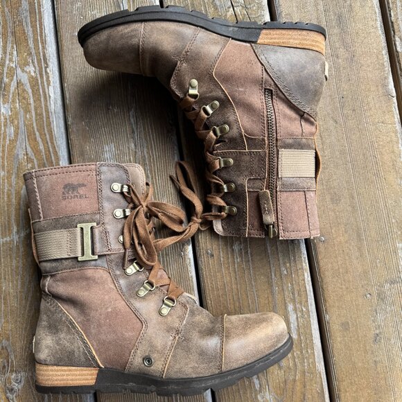 Sorel Major Carly Brown Leather & Canvas Lace Up Side Zip Combat Boots Womens 9 - Picture 4 of 15